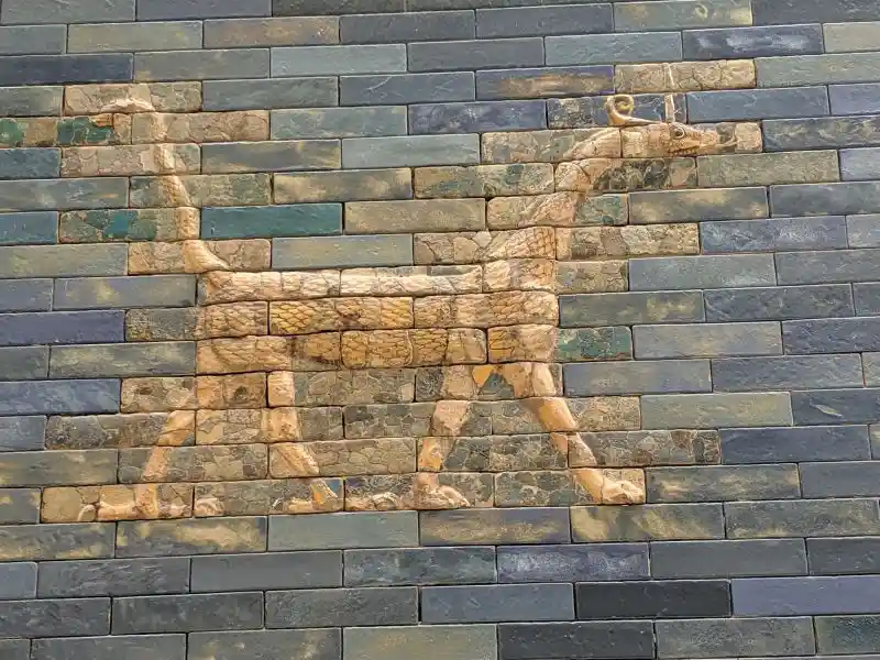 Composite beast a Mesopotamian dragon on the Ishtar Gate, Pergamon Museum, Museum Island, Berlin.